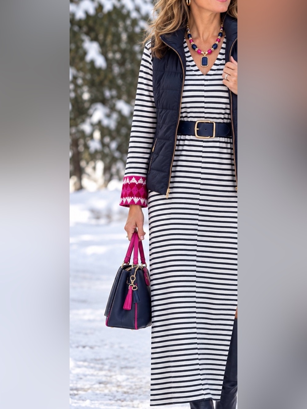 Vilagallo Navy and White Striped Knit Maxi Dress